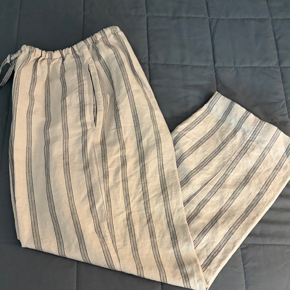Linen Blend Drawstring Waist Striped Pants